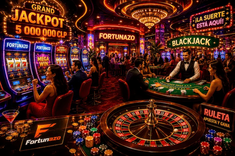 Casino Fortunazo con tragamonedas, blackjack, ruleta, fichas y gran jackpot en un ambiente de casino.