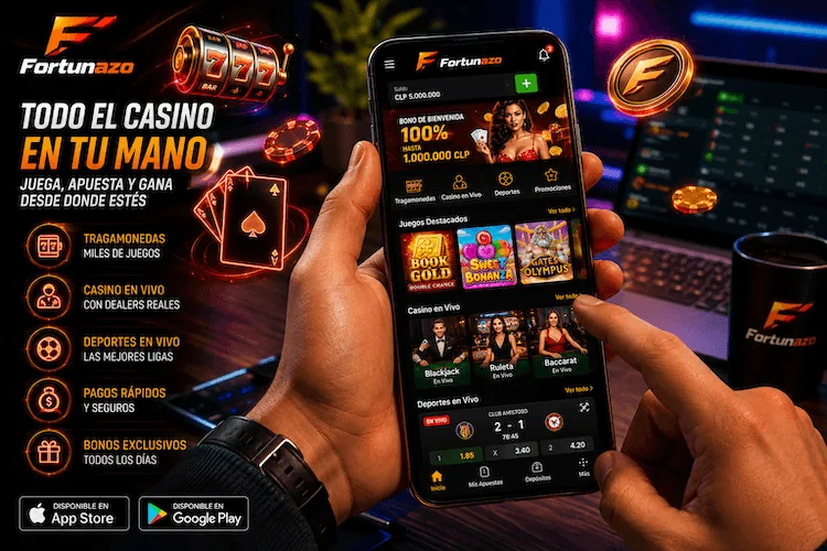 Aplicación móvil de Fortunazo con tragamonedas, casino en vivo, apuestas deportivas, pagos rápidos y bonos exclusivos.