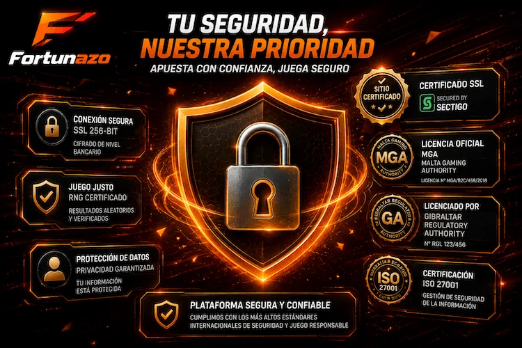 Seguridad de Fortunazo Casino con conexión SSL, protección de datos, juego certificado y licencias internacionales.